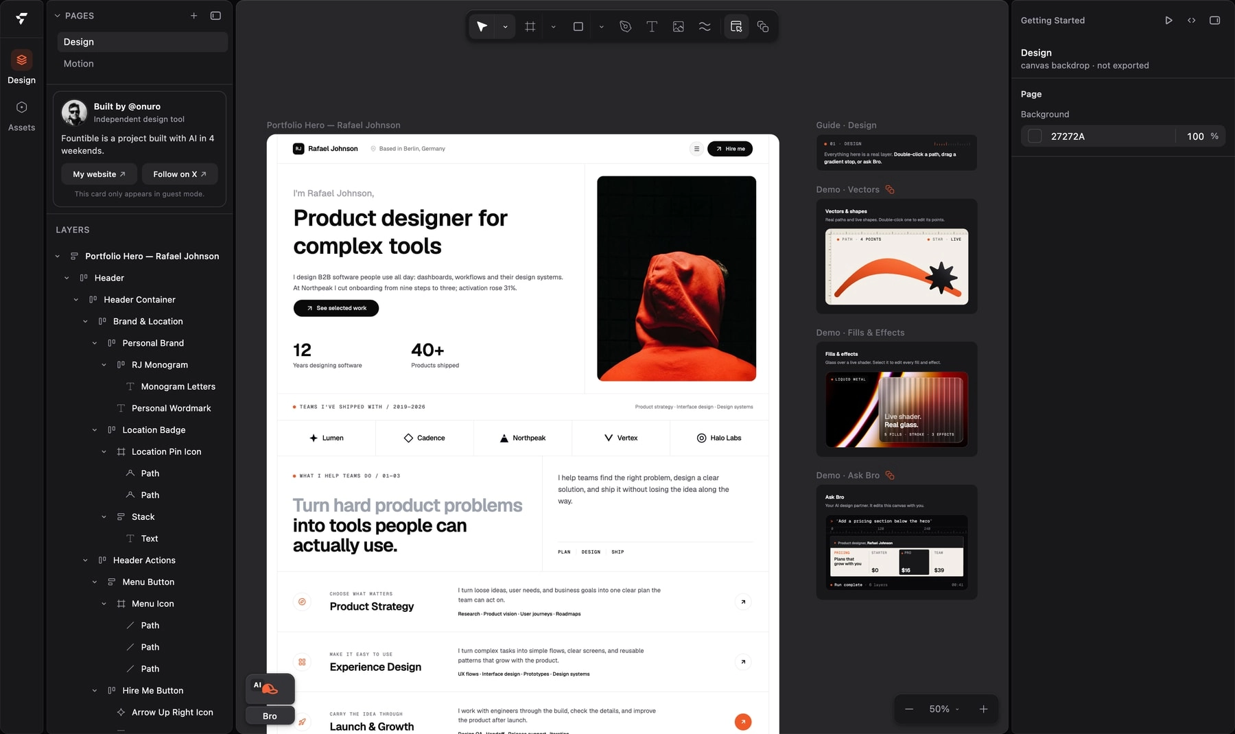 The Fountible editor with a portfolio design on the canvas