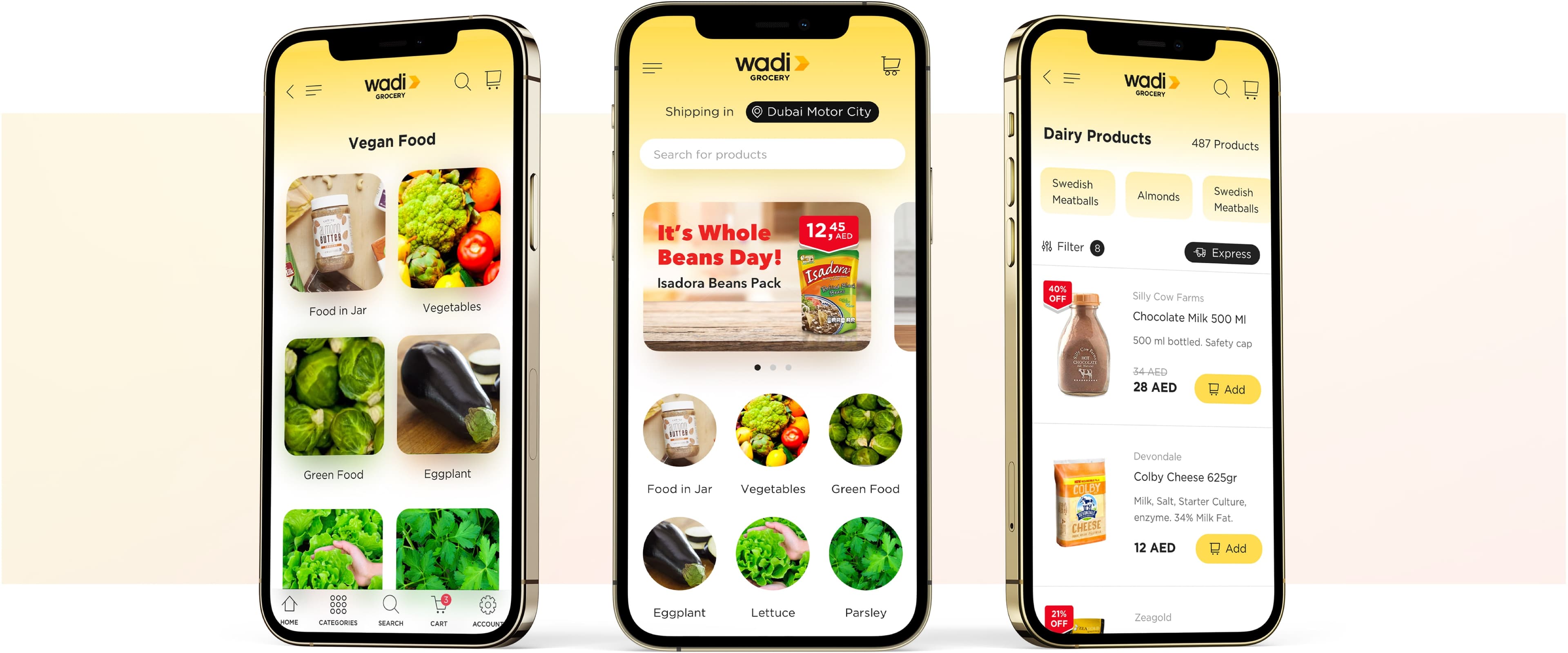 Wadi Grocery app screens on iPhone